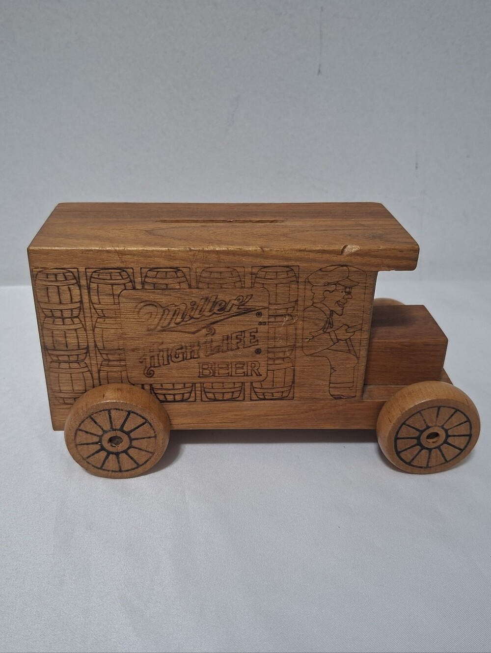 Vintage Miller High Life Beer Wooden Delivery Truck Coin Bank Advertising